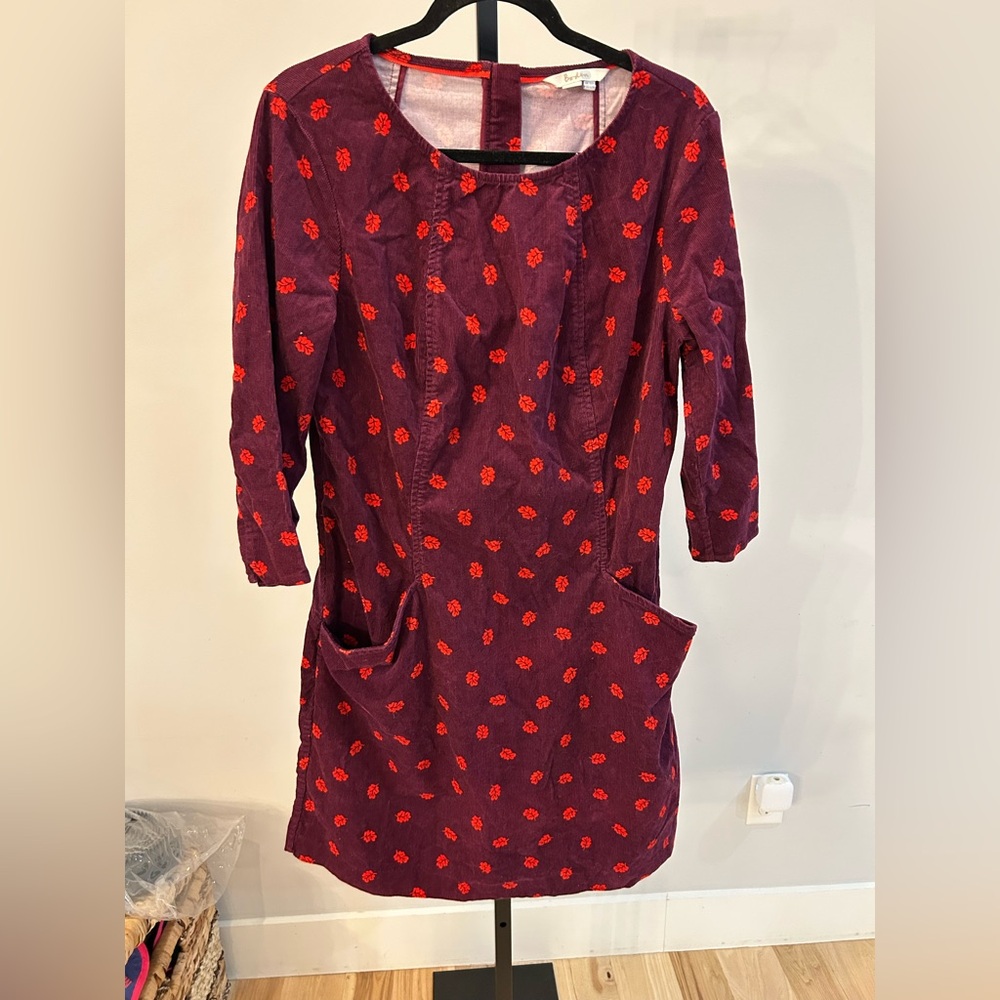 Boden Burgundy Dress with Red Floral Dots